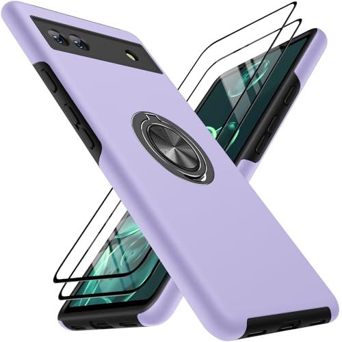 KOVASIA Case Kompatibel mit Goggle Pixel 6A 5G 6,1", Handyhülle mit Stoßfest Kratzfest, Fingerabdruck Resistent 3-Layer Struktur Schutzhülle+ 360°Ring Ständer + 2 Stück Schutzfolie(Violett) von KOVASIA
