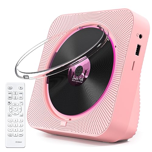 KOVCDVI CD Player mit Radio CD Player Bluetooth 5.1 mit 5W Dual Lautsprecher Wiedergabeleuchte Fernbedienung Staubschutz Anzeige FM Radio Timer Kopfhörer USB/SD Karte/AUX Wiedergabe Rosa von KOVCDVI