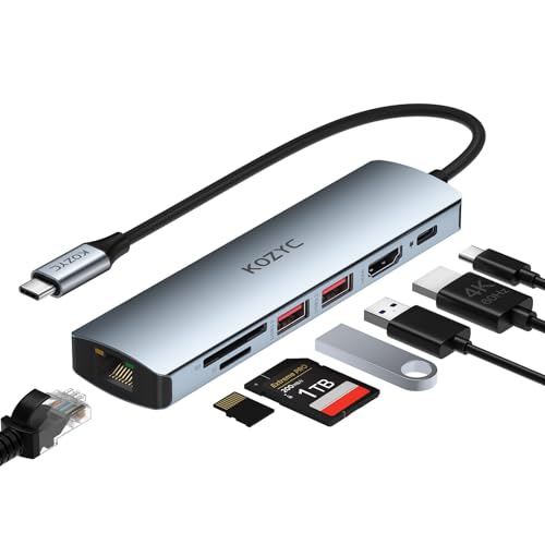 USB C Hub 10Gbps, KOZYC 7 in 1 Dock Station USB C to HDMI 4K@60Hz, 1Gbps Ethernet, 100W PD, 2 USB 3.2 Gen2 10Gbps Data, SD/TF Card Slots Port Compatible mit MacBook Air/Pro, XPS13/15, Dell von KOZYC