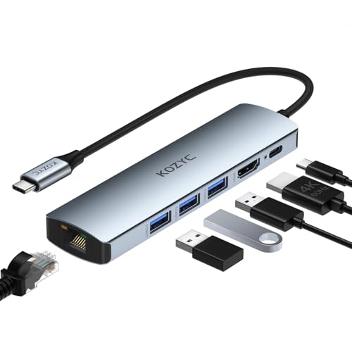 USB C Hub HDMI Ethernet, KOZYC 6 IN 1 USB C to HDMI Dock mit 1 HDMI 4K 60Hz, 1Gbps RJ45 Ethernet, 3 USB 3.0, 100W PD Compatible mit MacBook Air/Pro, XPS13/15, Dell, HP, Samsung Galaxy S9/S9+ von KOZYC