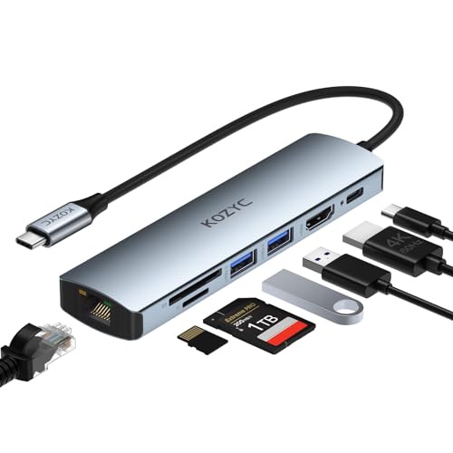 USB C Hub HDMI Ethernet, KOZYC 7 IN 1 USB-C to HDMI mit 4K 60Hz, 1Gbps Ethernet, 100W PD Charging, 2 USB 3.0 Data, SD/TF Card Slots Port, für Laptop, MacBook Pro, iPad, UHDTV, Steam Deck von KOZYC