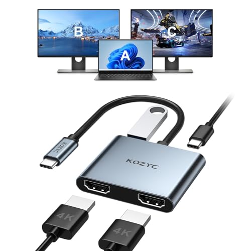 USB C to Dual HDMI Adapter, KOZYC USB C Hub Multiport Adapter mit 2 HDMI 4K, USB 3.0, 100W PD, Unterstützt USB C auf HDMI Splitter Extended Display ompatibel mit MacBook Pro Air Dell von KOZYC