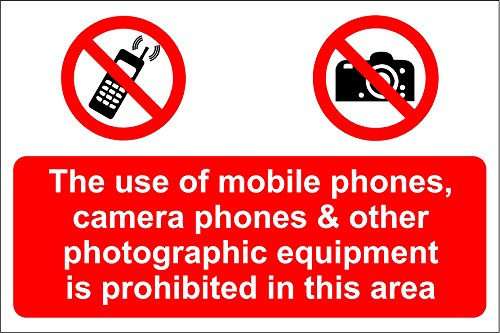 Die Verwendung von Mobiltelefonen, Kamera-Handys und anderer Fotografie-Ausrüstung ist im Bereich des Schildes verboten – Selbstklebendes Vinyl 300 x 200 mm von KPCM Display ltd