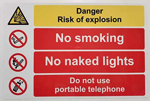 Schild mit Aufschrift "Danger Risk of Explosion, No Smoking, No Naked Lights, Do Not Use Portable Telephone", selbstklebendes Vinyl, 300 mm x 200 mm von KPCM Display ltd