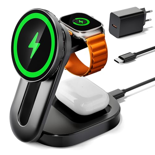 KPON 3-in-1 Magsafe Ladestation für Apple Watch und iPhone, Faltbare iPhone-Ladestation Kompatibel mit Apple-Geräten, 15 W tragbarer Reisekcharger mit Schnellladefunktion (inkl. PD 3.0 Adapter) von KPON