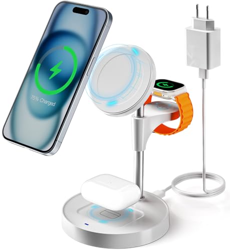 KPON Magsafe Ladegerät für Apple,3 in 1 Ladestation Apple Watch und iPhone Kompatibel mit iPhone 16/15/14/13/12 Serie, Apple Watch 9/8/7/6/5/4/3/2/SE und AirPods 3/2/Pro Weiß KPON Magsafe Ladegerät für Apple,3 in 1 Ladestation Apple Watch und iPhone Kompatibel mit iPhone 16/15/14/13/12 Serie, Apple Watch 9/8/7/6/5/4/3/2/SE und AirPods 3/2/Pro Weiß von KPON