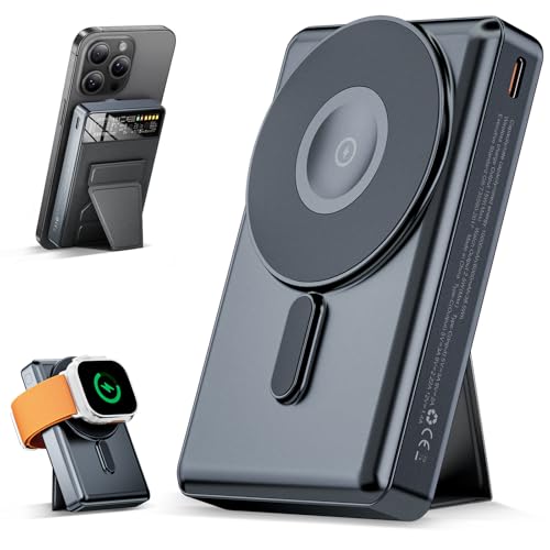 KPON Powerbank Magsafe für iPhone und Apple Watch,3 in 1 Faltbarer 10,000mAh Magnetische Powerbank 20W PD Schnelles Laden mit LED-Display für iPhone 16/15/14/13/12 Serie von KPON