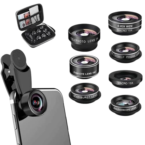 7-in-1 Handy-Objektiv-Set, 198 ° Fischauge, 0,63 x Weitwinkel, 15 x Makro, CPL, 2 x Portrait-Objektiv, Kaleidoskop-Objektiv, Starlight-Objektiv, Kameraobjektiv für Smartphone von KQLHLHDYZ