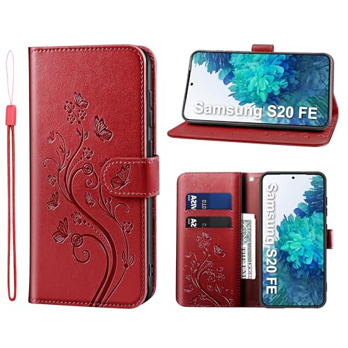 KRAFTCARE Handyhülle Kompatibel mit Samsung s20 FE, für S20 FE Hülle mit Kartenfach Geld Slot Ständer Magnetic Closure, Flip Case Leder Schutzhülle Tasche für Samsung Galaxy S20 FE Hülle, Rot von KRAFTCARE