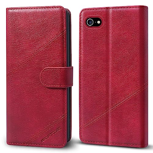KRAFTCARE Handyhülle Kompatibel mit iPhone SE 2022/iPhone SE 2020 Hülle, Kompatibel mit iPhone 8/iPhone 7 Hülle [Kartenfach] [Magnet] Flip Case Wallet Schutzhülle Klapphülle Hülle, Weinrot von KRAFTCARE