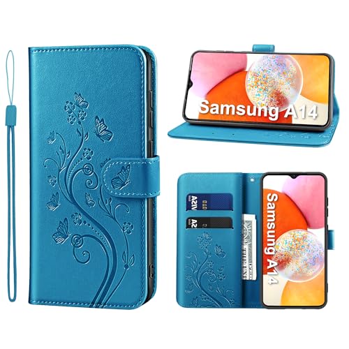 KRAFTCARE Handyhülle für Samsung Galaxy A14 5G/4G Hülle, für Samsung A14 Hülle mit Kartenfach Geld Slot Ständer Magnetic Closure, Flip Case Leder Schutzhülle Tasche für Galaxy A14 5G Hülle, Blau von KRAFTCARE