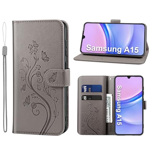 KRAFTCARE Handyhülle für Samsung Galaxy A15 4G/5G Hülle, für Samsung A15 Hülle mit Kartenfach Geld Slot Ständer Magnetic Closure, Flip Case Leder Schutzhülle Tasche für Galaxy A15 5G Hülle, Grau von KRAFTCARE