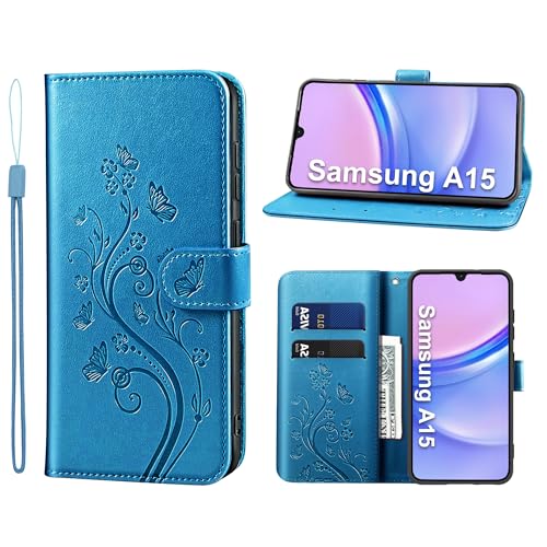 KRAFTCARE Handyhülle für Samsung Galaxy A15 4G/5G Hülle, für Samsung A15 Hülle mit Kartenfach Geld Slot Ständer Magnetic Closure, Flip Case Leder Schutzhülle Tasche für Galaxy A15 5G Hülle, Blau von KRAFTCARE