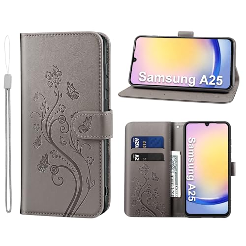 KRAFTCARE Handyhülle für Samsung Galaxy A25 5G Hülle, für Samsung A25 Hülle mit Kartenfach Geld Slot Ständer Magnetic Closure, Flip Case Leder Schutzhülle Tasche für Galaxy A25 5G Hülle, Grau von KRAFTCARE