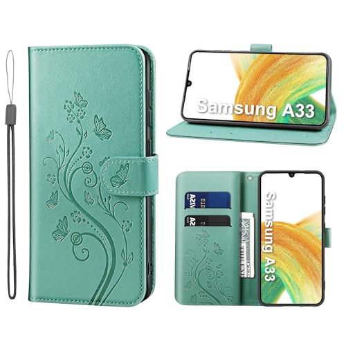 KRAFTCARE Handyhülle für Samsung Galaxy A33 5g Hülle, für Samsung A33 5g Hülle mit Kartenfach Geld Slot Ständer Magnetic Closure, Flip Case Leder Schutzhülle Tasche für Samsung A33 Hülle, Grün von KRAFTCARE