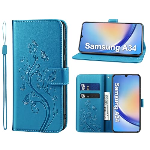 KRAFTCARE Handyhülle für Samsung Galaxy A34 5G Hülle, für Galaxy A34 5g Hülle mit Kartenfach Geld Slot Ständer Magnetic Closure, Flip Case Leder Schutzhülle Tasche für Samsung A34 5g Hülle, Blau von KRAFTCARE