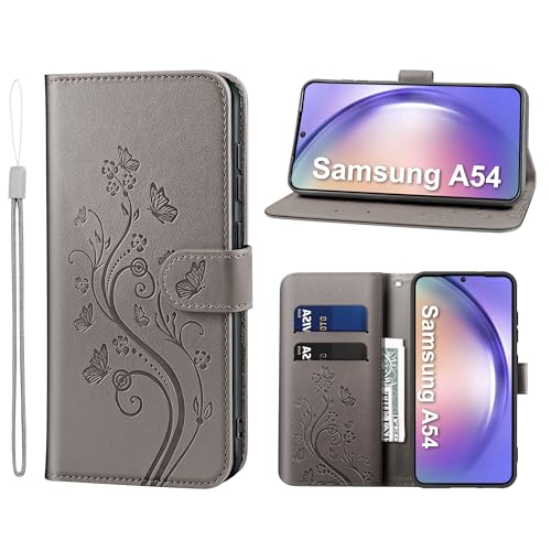KRAFTCARE Handyhülle für Samsung Galaxy A54 5G Hülle, für A54 Hülle mit Kartenfach Geld Slot Ständer Magnetic Closure, Flip Case Leder Schutzhülle Tasche Handyhülle für Samsung A54 5G Hülle, Grau von KRAFTCARE