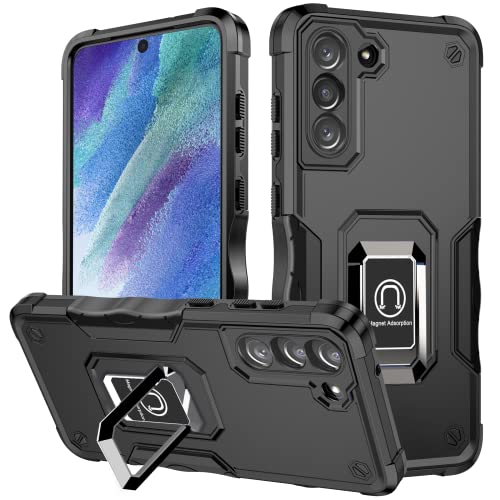 KRAFTCARE Handyhülle für Samsung Galaxy S21 FE 5G, Hülle mit Metallring und Standfunktion, Militärische Schutzhülle, stoßfestes Cover Case für Samsung S21 FE, Schwarz von KRAFTCARE