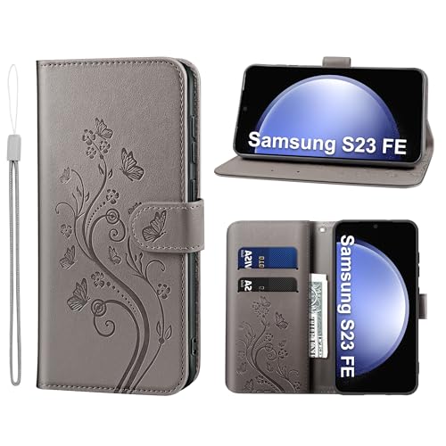 KRAFTCARE Handyhülle für Samsung Galaxy S23 FE Hülle, für S23 FE Hülle mit Kartenfach Geld Slot Ständer Magnetic Closure, Flip Case Leder Schutzhülle Tasche Handyhülle für Samsung S23 FE Hülle, Grau von KRAFTCARE
