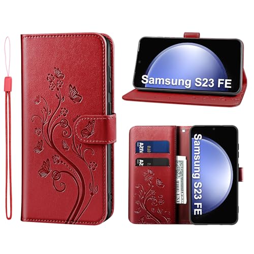 KRAFTCARE Handyhülle für Samsung Galaxy S23 FE Hülle, für S23 FE Hülle mit Kartenfach Geld Slot Ständer Magnetic Closure, Flip Case Leder Schutzhülle Tasche Handyhülle für Samsung S23 FE Hülle, Rot von KRAFTCARE