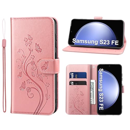 KRAFTCARE Handyhülle für Samsung Galaxy S23 FE Hülle, für S23 FE Hülle mit Kartenfach Geld Slot Ständer Magnetic Closure, Flip Case Leder Schutzhülle Tasche Handyhülle für Samsung S23 FE Hülle, Rosa von KRAFTCARE