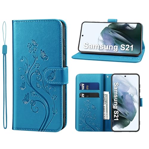 KRAFTCARE Handyhülle für Samsung S21 Hülle, für S21 Hülle mit Kartenfach Geld Slot Ständer Magnetic Closure, Flip Case Leder Schutzhülle Tasche Handyhülle für S21 Hülle, Blau von KRAFTCARE