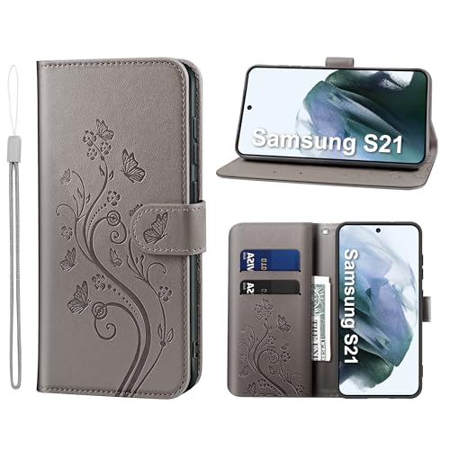 KRAFTCARE Handyhülle für Samsung S21 Hülle, für S21 Hülle mit Kartenfach Geld Slot Ständer Magnetic Closure, Flip Case Leder Schutzhülle Tasche Handyhülle für S21 Hülle, Grau von KRAFTCARE