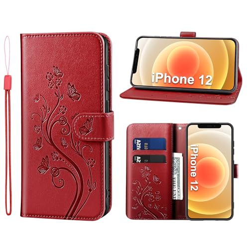 KRAFTCARE Handyhülle für iPhone 12 Hülle, für iPhone 12 Pro Hülle mit Kartenfach Geld Slot Ständer Magnetic Closure, Flip Case Leder Schutzhülle Tasche Handyhülle für iPhone 12/12Pro Hülle, Rot von KRAFTCARE