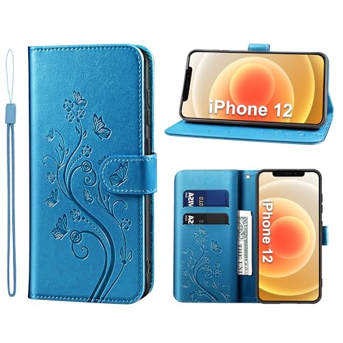 KRAFTCARE Handyhülle für iPhone 12 Hülle, für iPhone 12 Pro Hülle mit Kartenfach Geld Slot Ständer Magnetic Closure, Flip Case Leder Schutzhülle Tasche Handyhülle für iPhone 12/12Pro Hülle, Blau von KRAFTCARE