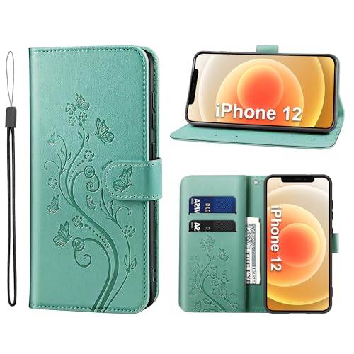 KRAFTCARE Handyhülle für iPhone 12 Hülle, für iPhone 12 Pro Hülle mit Kartenfach Geld Slot Ständer Magnetic Closure, Flip Case Leder Schutzhülle Tasche Handyhülle für iPhone 12/12Pro Hülle, Grün von KRAFTCARE