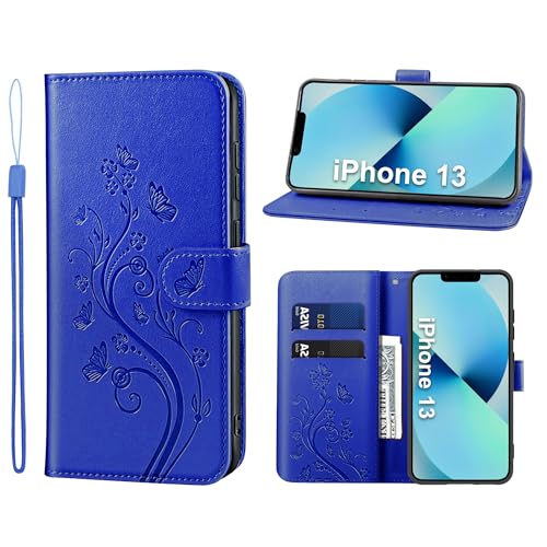 KRAFTCARE Handyhülle für iPhone 13 Hülle, für iPhone 13 Hülle mit Kartenfach Geld Slot Ständer Magnetic Closure, Flip Case Leder Schutzhülle Tasche Handyhülle für iPhone 13 Hülle, Dunkelblau von KRAFTCARE