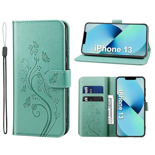 KRAFTCARE Handyhülle für iPhone 13 Hülle, für iPhone 13 Hülle mit Kartenfach Geld Slot Ständer Magnetic Closure, Flip Case Leder Schutzhülle Tasche Handyhülle für iPhone 13 Hülle, Grün von KRAFTCARE