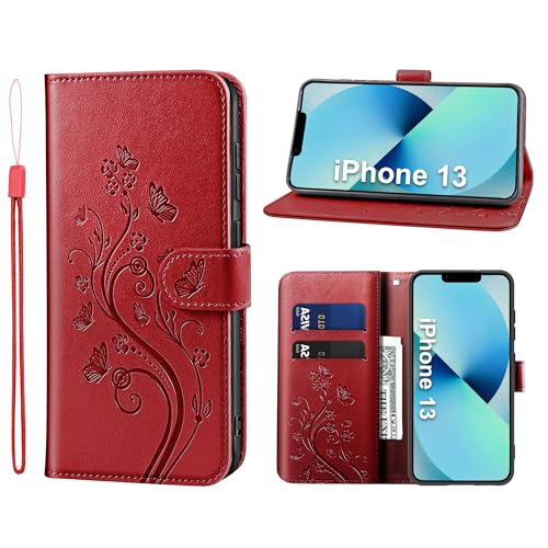 KRAFTCARE Handyhülle für iPhone 13 Hülle, für iPhone 13 Hülle mit Kartenfach Geld Slot Ständer Magnetic Closure, Flip Case Leder Schutzhülle Tasche Handyhülle für iPhone 13 Hülle, Rot KRAFTCARE Handyhülle für iPhone 13 Hülle, für iPhone 13 Hülle mit Kartenfach Geld Slot Ständer Magnetic Closure, Flip Case Leder Schutzhülle Tasche Handyhülle für iPhone 13 Hülle, Rot von KRAFTCARE