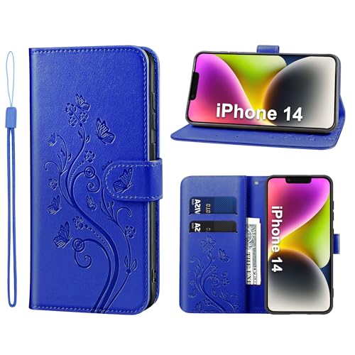 KRAFTCARE Handyhülle für iPhone 14 Hülle, für iPhone 14 Hülle mit Kartenfach Geld Slot Ständer Magnetic Closure, Flip Case Leder Schutzhülle Tasche Handyhülle für iPhone 14 Hülle, Dunkelblau von KRAFTCARE