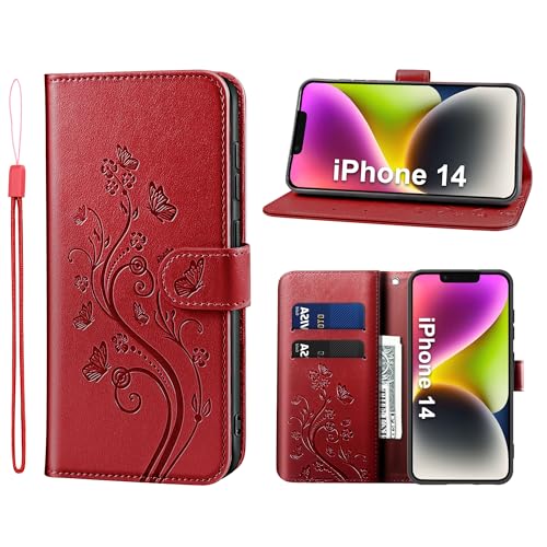 KRAFTCARE Handyhülle für iPhone 14 Hülle, für iPhone 14 Hülle mit Kartenfach Geld Slot Ständer Magnetic Closure, Flip Case Leder Schutzhülle Tasche Handyhülle für iPhone 14 Hülle, Rot KRAFTCARE Handyhülle für iPhone 14 Hülle, für iPhone 14 Hülle mit Kartenfach Geld Slot Ständer Magnetic Closure, Flip Case Leder Schutzhülle Tasche Handyhülle für iPhone 14 Hülle, Rot von KRAFTCARE