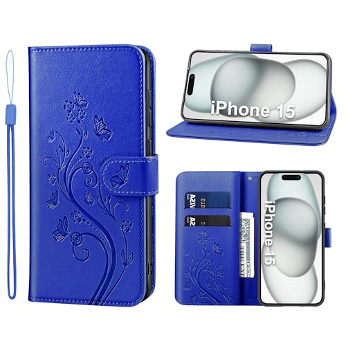 KRAFTCARE Handyhülle für iPhone 15 Hülle, für iPhone 15 Hülle mit Kartenfach Geld Slot Ständer Magnetic Closure, Flip Case Leder Schutzhülle Tasche Handyhülle für iPhone 15 Hülle, Dunkelblau von KRAFTCARE