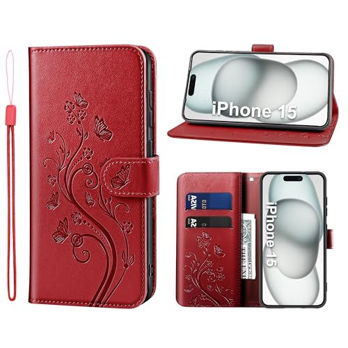 KRAFTCARE Handyhülle für iPhone 15 Hülle, für iPhone 15 Hülle mit Kartenfach Geld Slot Ständer Magnetic Closure, Flip Case Leder Schutzhülle Tasche Handyhülle für iPhone 15 Hülle, Rot KRAFTCARE Handyhülle für iPhone 15 Hülle, für iPhone 15 Hülle mit Kartenfach Geld Slot Ständer Magnetic Closure, Flip Case Leder Schutzhülle Tasche Handyhülle für iPhone 15 Hülle, Rot von KRAFTCARE