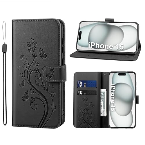 KRAFTCARE Handyhülle für iPhone 15 Hülle, für iPhone 15 Hülle mit Kartenfach Geld Slot Ständer Magnetic Closure, Flip Case Leder Schutzhülle Tasche Handyhülle für iPhone 15 Hülle von KRAFTCARE