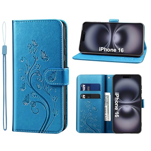 KRAFTCARE Handyhülle für iPhone 16 Hülle, für iPhone 16 Hülle mit Kartenfach Geld Slot Ständer Magnetic Closure, Flip Case Leder Schutzhülle Tasche für iPhone 16 Hülle, Blau von KRAFTCARE