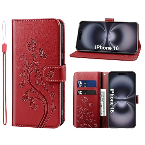 KRAFTCARE Handyhülle für iPhone 16 Hülle, für iPhone 16 Hülle mit Kartenfach Geld Slot Ständer Magnetic Closure, Flip Case Leder Schutzhülle Tasche für iPhone 16 Hülle, Rot KRAFTCARE Handyhülle für iPhone 16 Hülle, für iPhone 16 Hülle mit Kartenfach Geld Slot Ständer Magnetic Closure, Flip Case Leder Schutzhülle Tasche für iPhone 16 Hülle, Rot von KRAFTCARE