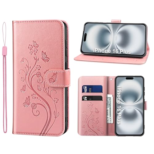 KRAFTCARE Handyhülle für iPhone 16 Plus Hülle, für iPhone 16 Plus Hülle mit Kartenfach Geld Slot Ständer Magnetic Closure, Flip Case Leder Schutzhülle Tasche für iPhone 16 Plus Hülle, Rosa von KRAFTCARE