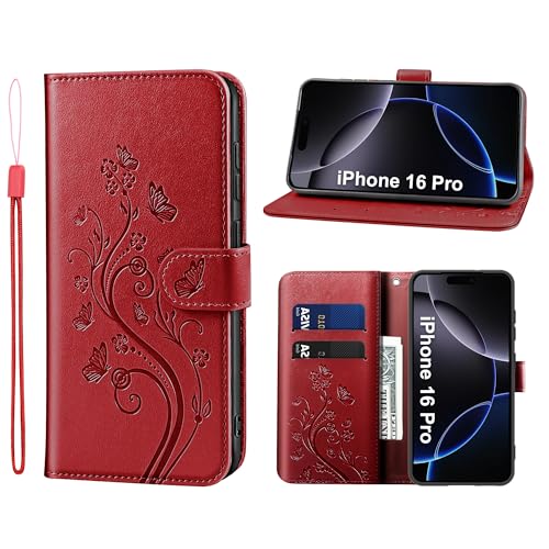 KRAFTCARE Handyhülle für iPhone 16 Pro Hülle, für iPhone 16 Pro Hülle mit Kartenfach Geld Slot Ständer Magnetic Closure, Flip Case Leder Schutzhülle Tasche für iPhone 16 Pro Hülle, Rot KRAFTCARE Handyhülle für iPhone 16 Pro Hülle, für iPhone 16 Pro Hülle mit Kartenfach Geld Slot Ständer Magnetic Closure, Flip Case Leder Schutzhülle Tasche für iPhone 16 Pro Hülle, Rot von KRAFTCARE