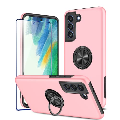 KRAFTCARE Hülle für Samsung Galaxy S21 FE (Nicht S21) mit 1 Pack Panzerglas Schutzfolie,Hülle mit Eingebetteter 360° Grad Ring,Magnetische Schutzhülle Stoßfest Case für Samsung S21 FE 5G-Rosa von KRAFTCARE