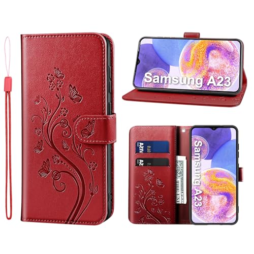 KRAFTCARE Samsung Galaxy A23 5G Hülle, Galaxy A23 5G Hülle mit Kartenfach Geld Slot Ständer Magnetic Closure, Flip Case Leder Schutzhülle Tasche Handyhülle für Samsung A23 5G Hülle, Rot von KRAFTCARE