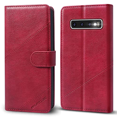 KRAFTCARE Upgraded S10 Handyhülle für Samsung Galaxy S10 Hülle [Kartenfach] [Standfunktion] Flip Case Leder Stoßfeste Schutzhülle Bookcase für Samsung S10 Klapphülle, Weinrot von KRAFTCARE