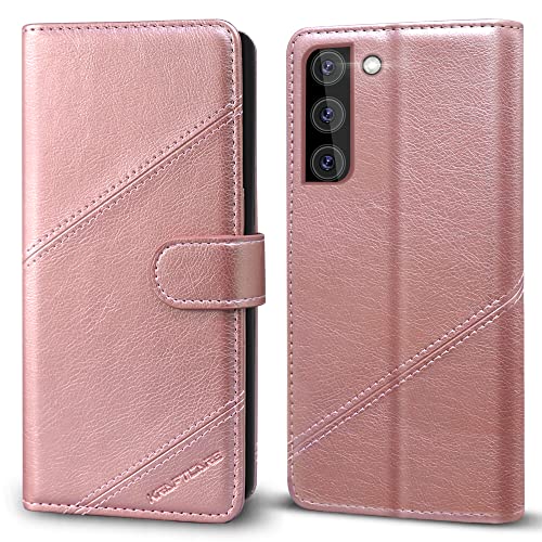 KRAFTCARE Upgraded S21 Hülle für Samsung Galaxy S21 Handyhülle + 1 Stück Panzerglas, [Kartenfach] [Stand] Flip Case Leder Stoßfeste Schutzhülle Bookcase für Galaxy S21 5G Klapphülle, Rosa von KRAFTCARE