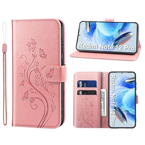 KRAFTCARE Xiaomi Redmi Note 12 Pro Hülle, Redmi Note 12 Pro Hülle mit Kartenfach Geld Slot Ständer Magnetic Closure, Flip Case Leder Schutzhülle Tasche Handyhülle für Redmi Note 12 Pro Hülle, Rosa von KRAFTCARE