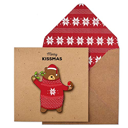 Grußkarte, Motiv Merry Kissmas, Bär und Rotkehlchen, handgefertigt von KRAFTY