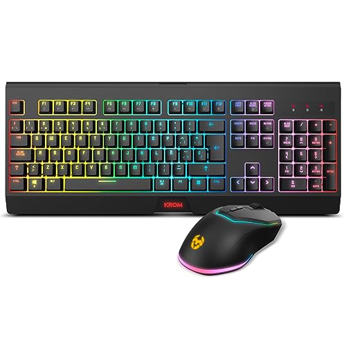 KROM Kabala - Wireless Membrane Keyboard Kit RGB Rainbow Backlit, 6-Tasten Anti-Ghosting, Wireless Optical Mouse 6 Stufen DPI 800-4800 on-The-Fly, PC Compatible, Spanish Layout, Schwarz von KROM