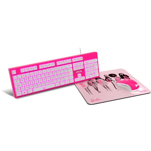 KROM Kit Tastatur, -Maus und -Mausunterlage Barbie Edition KANDY -NXKROMKANDYB- Weiße LED-Membrantastatur, Maus optischem Sensor 6400 DPI, Mause-Matte hat eine Gummibasis, Spanisches layout, pink von KROM